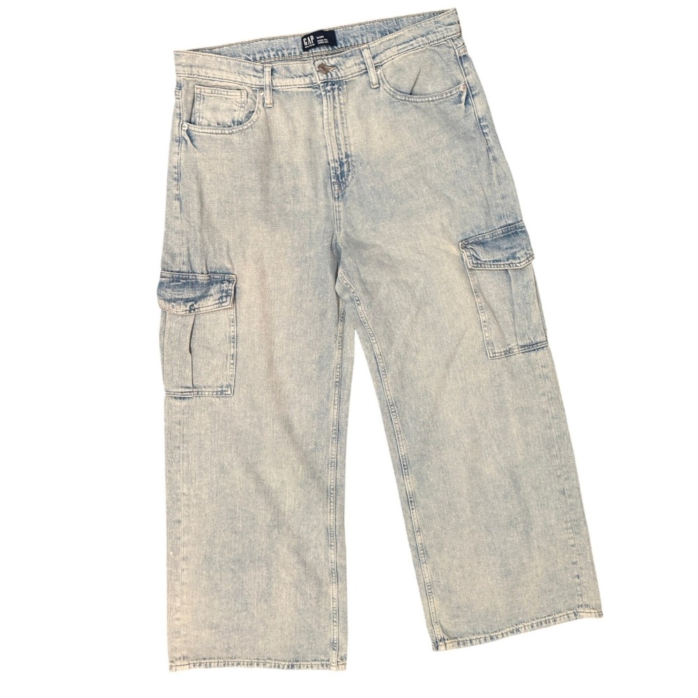 Gap High Rise Wide Leg Cargo Jeans‎ Light Wash Blue Denim 16/33R Baggy Carpenter